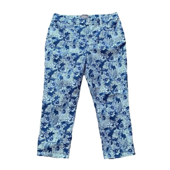 Chicos Womens 1 Crop Floral Jeans Size 8 Blue White Denim Capri High Rise - Picture 1 of 6